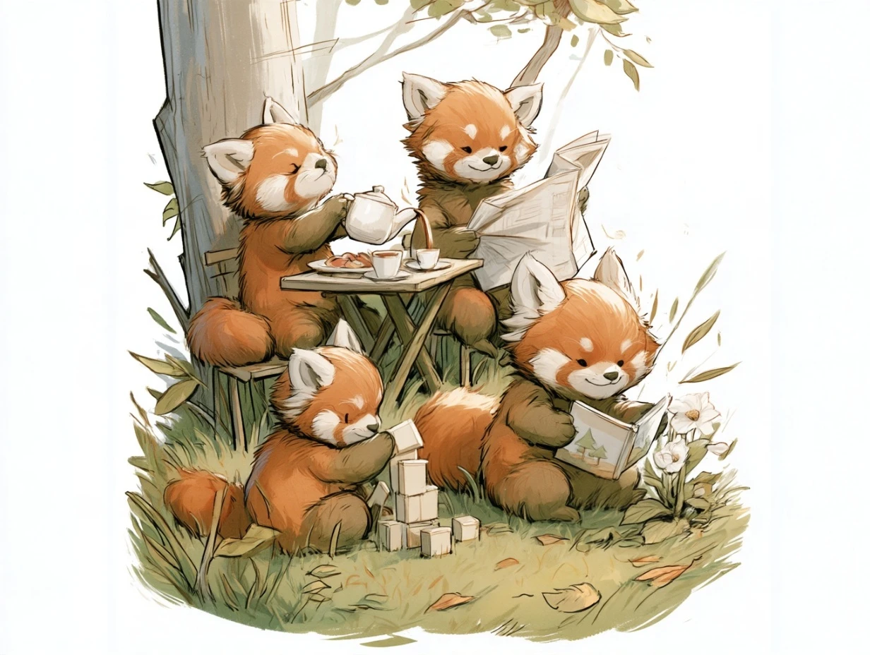 A family of four red pandas under a tree: one pours tea, one reads the newspaper, one stacks wooden blocks and one reads a picture book.